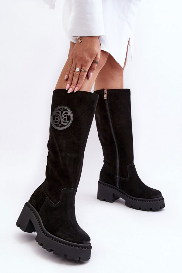 Black Heel Boots in Over The Knee High Boots, Thigh High Boots with Fabric, Footbed, Upper Height and Heel Height