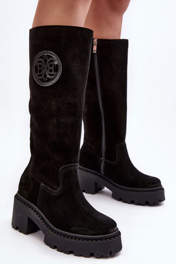 Black Heel Boots in Over The Knee High Boots, Thigh High Boots with Fabric, Footbed, Upper Height and Heel Height