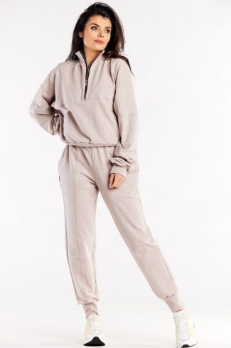 Beige Tracksuit Trousers in Women`s Tracksuit Bottoms, Sports Pants with Cotton and Spandex