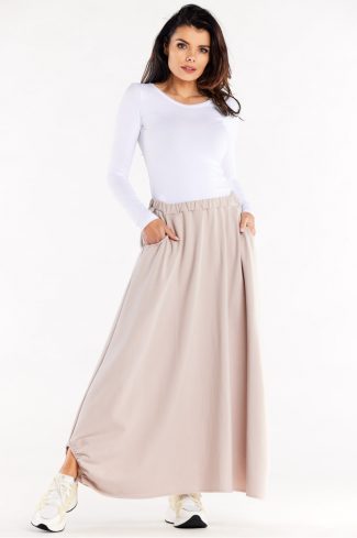 Beige Long Skirt in Skirts with Cotton and Spandex