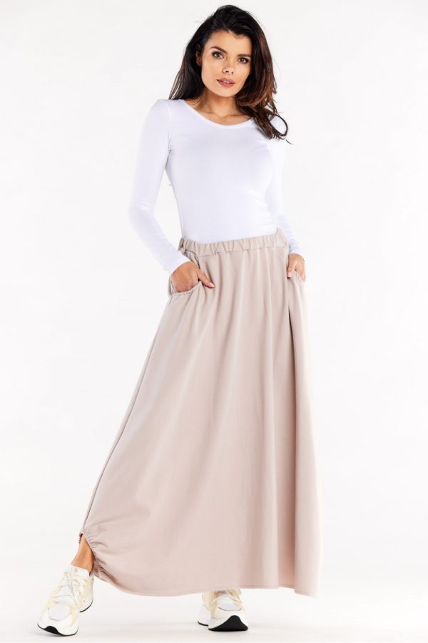 Beige Long Skirt in Skirts with Cotton and Spandex