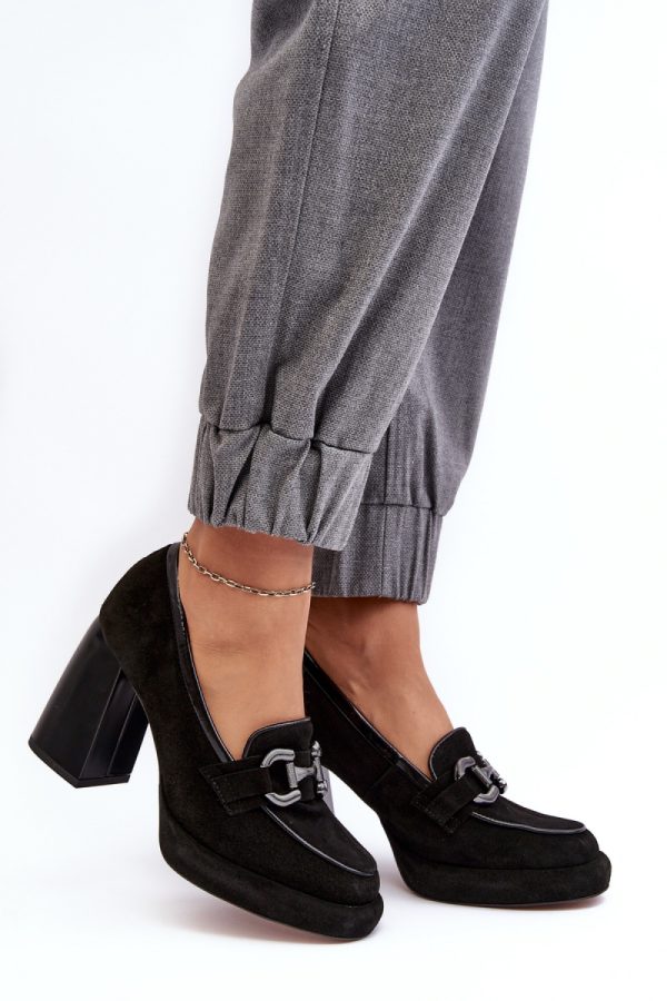 Black Block Heel Pumps in High Heel Pumps with Fabric, Footbed, Heel Height and Platform Height