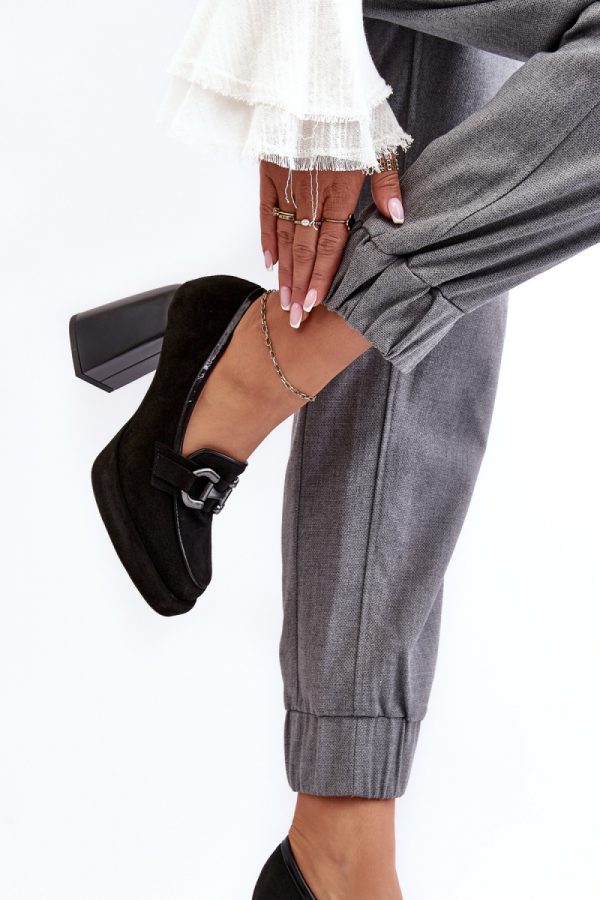 Black Block Heel Pumps in High Heel Pumps with Fabric, Footbed, Heel Height and Platform Height