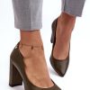 Green Block Heel Pumps in High Heel Pumps with Fabric, Footbed and Heel Height