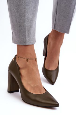 Green Block Heel Pumps in High Heel Pumps with Fabric, Footbed and Heel Height