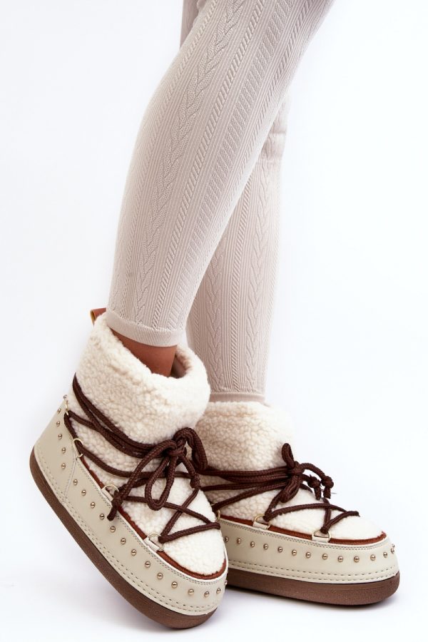 Beige Snow Boots in Women`s Ankle Boots & Booties with Fabric, Warmers, Footbed, Upper Height and Platform Height