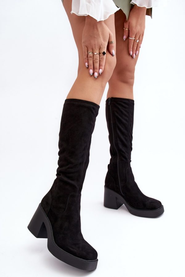 Black Heel Boots in Over The Knee High Boots, Thigh High Boots with Fabric, Footbed, Upper Height and Heel Height