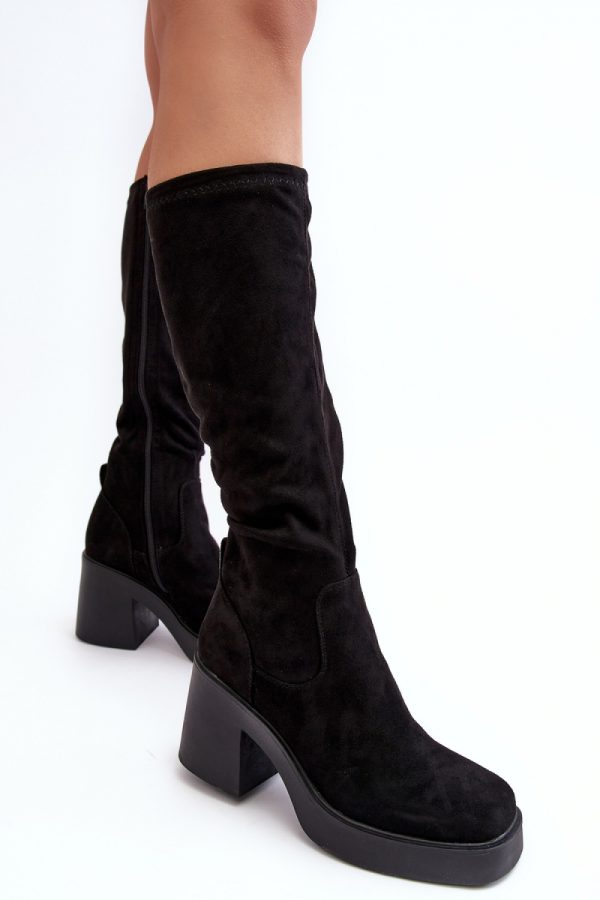 Black Heel Boots in Over The Knee High Boots, Thigh High Boots with Fabric, Footbed, Upper Height and Heel Height
