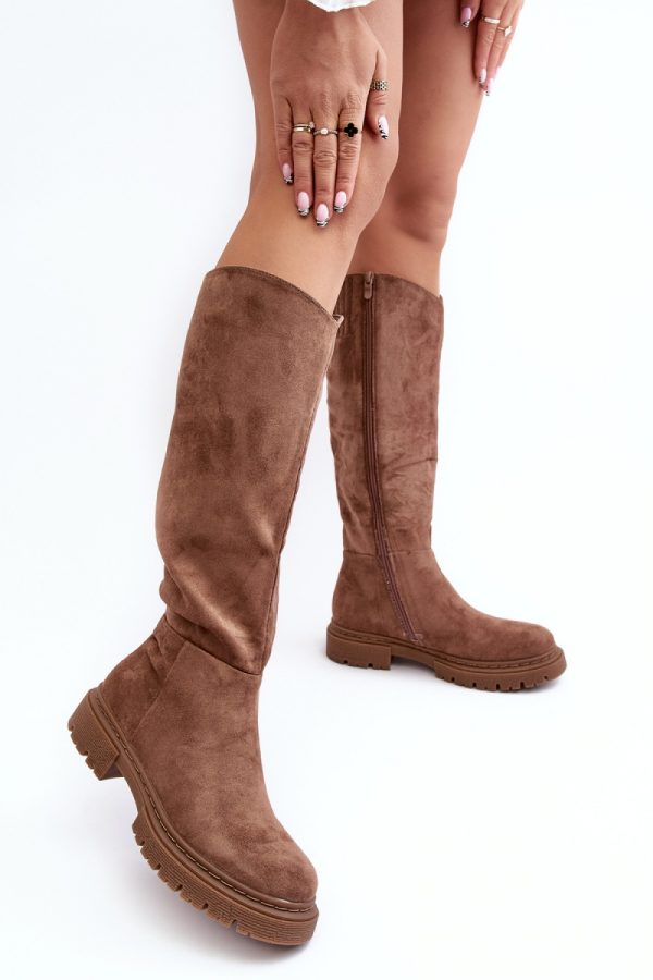 Brown Thigh-Hight Boots in Over The Knee High Boots, Thigh High Boots with Fabric, Warmers, Footbed, Upper Height, Heel Height and Sole Height