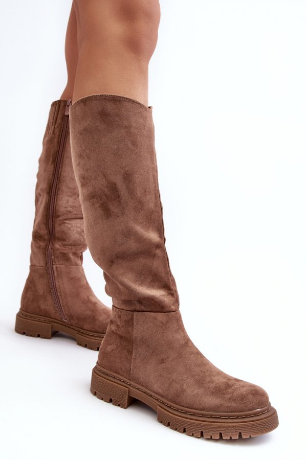 Brown Thigh-Hight Boots in Over The Knee High Boots, Thigh High Boots with Fabric, Warmers, Footbed, Upper Height, Heel Height and Sole Height