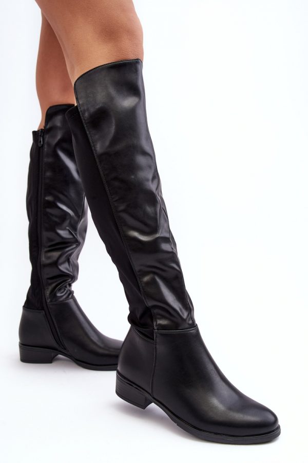 Black Thigh-Hight Boots in Over The Knee High Boots, Thigh High Boots with Fabric, Warmers, Footbed, Upper Height and Heel Height