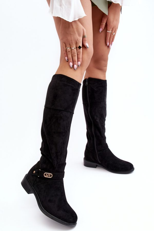 Black Thigh-Hight Boots in Over The Knee High Boots, Thigh High Boots with Fabric, Warmers, Footbed, Upper Height and Heel Height
