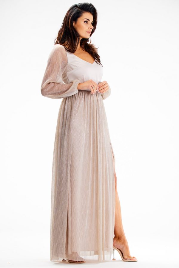 Beige Long Dress in Evening Dresses with Spandex and Polyester