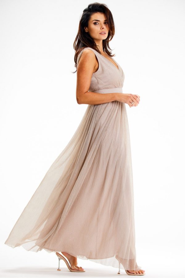 Beige Long Dress in Evening Dresses with Spandex and Polyester