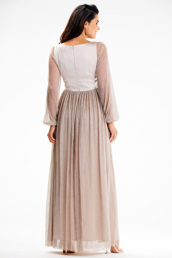 Beige Long Dress in Evening Dresses with Spandex and Polyester