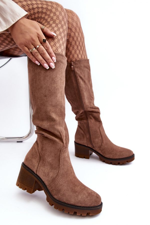 Brown Thigh-Hight Boots in Over The Knee High Boots, Thigh High Boots with Fabric, Footbed, Upper Height and Heel Height