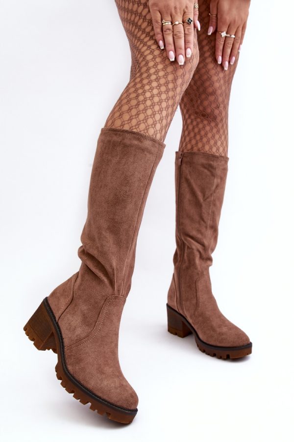 Brown Thigh-Hight Boots in Over The Knee High Boots, Thigh High Boots with Fabric, Footbed, Upper Height and Heel Height