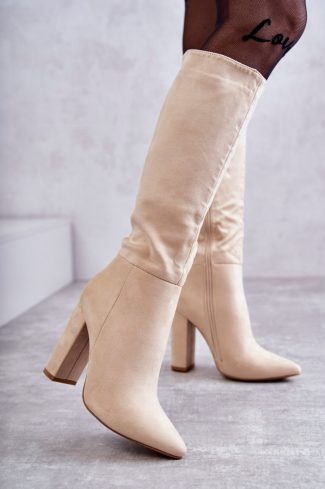 Beige Heel Boots in Over The Knee High Boots, Thigh High Boots with Fabric, Warmers, Footbed, Upper Height and Heel Height
