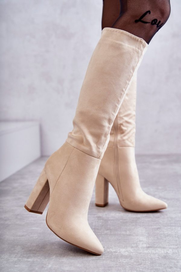 Beige Heel Boots in Over The Knee High Boots, Thigh High Boots with Fabric, Warmers, Footbed, Upper Height and Heel Height