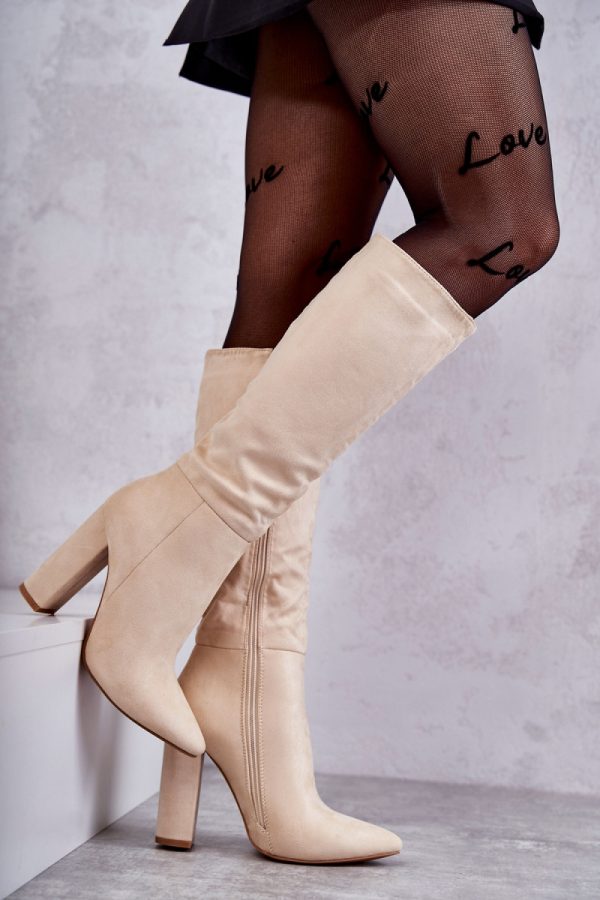 Beige Heel Boots in Over The Knee High Boots, Thigh High Boots with Fabric, Warmers, Footbed, Upper Height and Heel Height