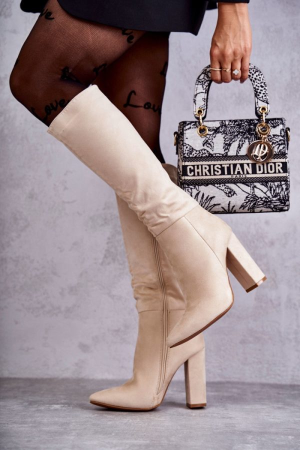 Beige Heel Boots in Over The Knee High Boots, Thigh High Boots with Fabric, Warmers, Footbed, Upper Height and Heel Height