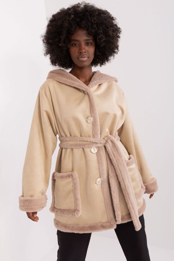 Beige Coat in Women`s Coats, Jackets with Cotton, Spandex and Polyester