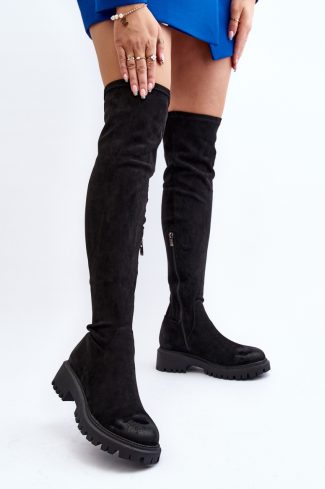 Black Thigh-Hight Boots in Over The Knee High Boots, Thigh High Boots with Fabric, Footbed, Upper Height, Heel Height and Platform Height