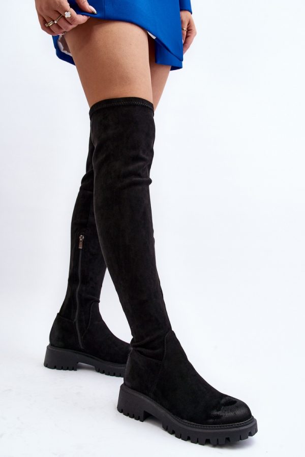 Black Thigh-Hight Boots in Over The Knee High Boots, Thigh High Boots with Fabric, Footbed, Upper Height, Heel Height and Platform Height