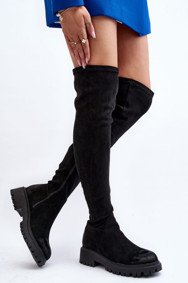 Black Thigh-Hight Boots in Over The Knee High Boots, Thigh High Boots with Fabric, Footbed, Upper Height, Heel Height and Platform Height