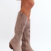 Beige Open-work Boots in Over The Knee High Boots, Thigh High Boots with Fabric, Footbed, Upper Height and Heel Height