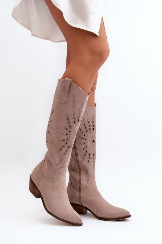 Beige Open-work Boots in Over The Knee High Boots, Thigh High Boots with Fabric, Footbed, Upper Height and Heel Height
