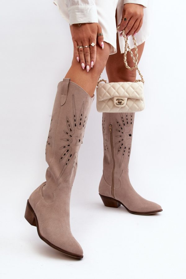 Beige Open-work Boots in Over The Knee High Boots, Thigh High Boots with Fabric, Footbed, Upper Height and Heel Height