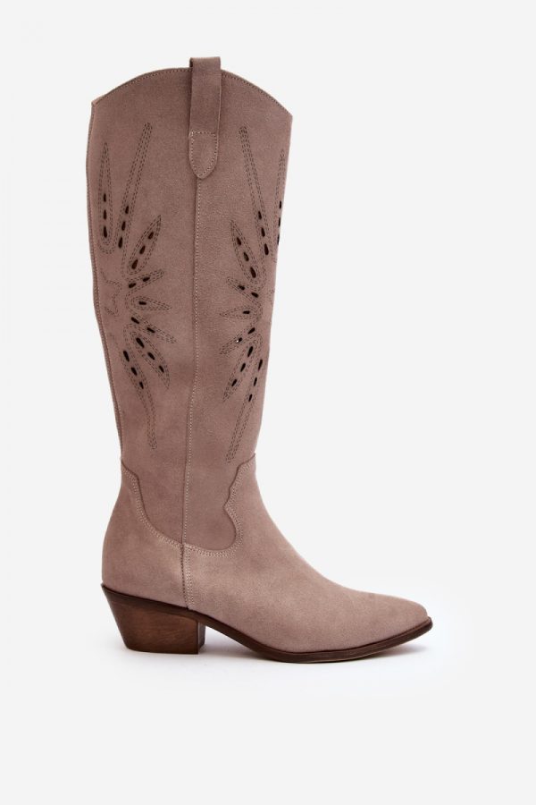 Beige Open-work Boots in Over The Knee High Boots, Thigh High Boots with Fabric, Footbed, Upper Height and Heel Height