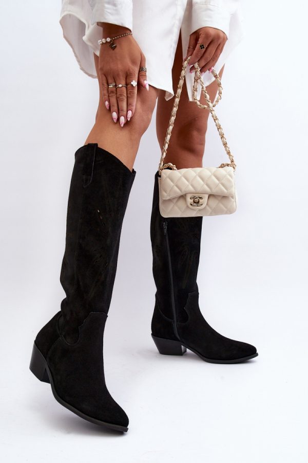 Black Open-work Boots in Over The Knee High Boots, Thigh High Boots with Fabric, Footbed, Upper Height and Heel Height