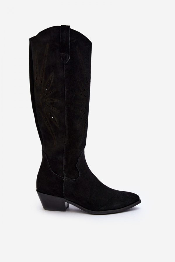 Black Open-work Boots in Over The Knee High Boots, Thigh High Boots with Fabric, Footbed, Upper Height and Heel Height