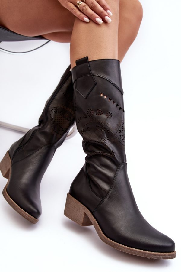 Black Open-work Boots in Over The Knee High Boots, Thigh High Boots with Fabric, Footbed, Upper Height and Heel Height