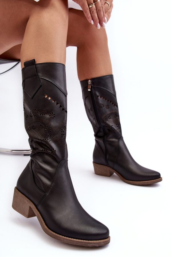 Black Open-work Boots in Over The Knee High Boots, Thigh High Boots with Fabric, Footbed, Upper Height and Heel Height
