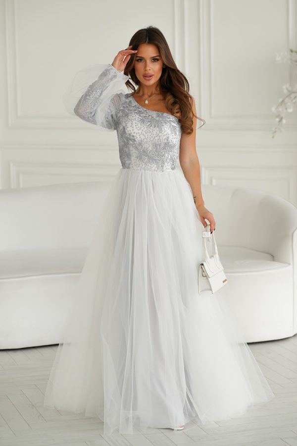 Grey Long Dress in Evening Dresses with Polyester and Viscose