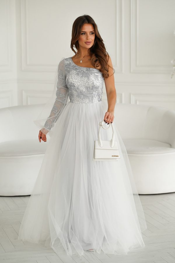 Grey Long Dress in Evening Dresses with Polyester and Viscose