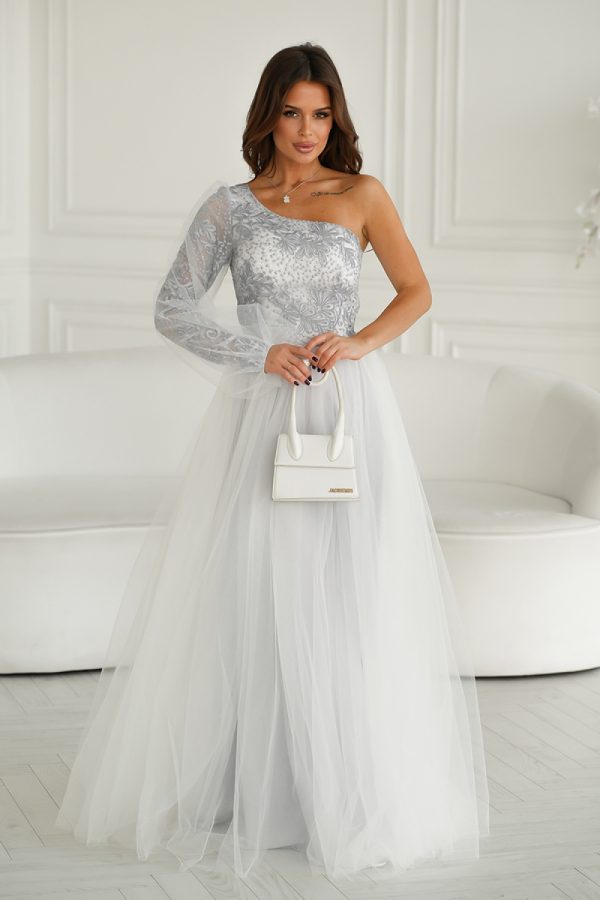 Grey Long Dress in Evening Dresses with Polyester and Viscose