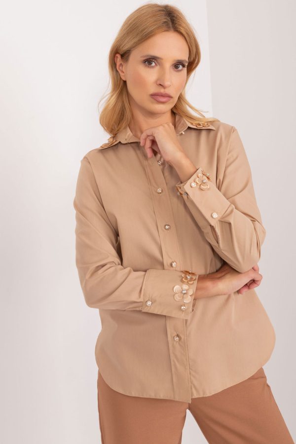 Beige Long Sleeve Shirt in Shirts For Women with Cotton