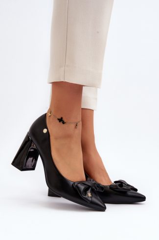 Black Block Heel Pumps in High Heel Pumps with Fabric, Footbed, Upper Height and Heel Height
