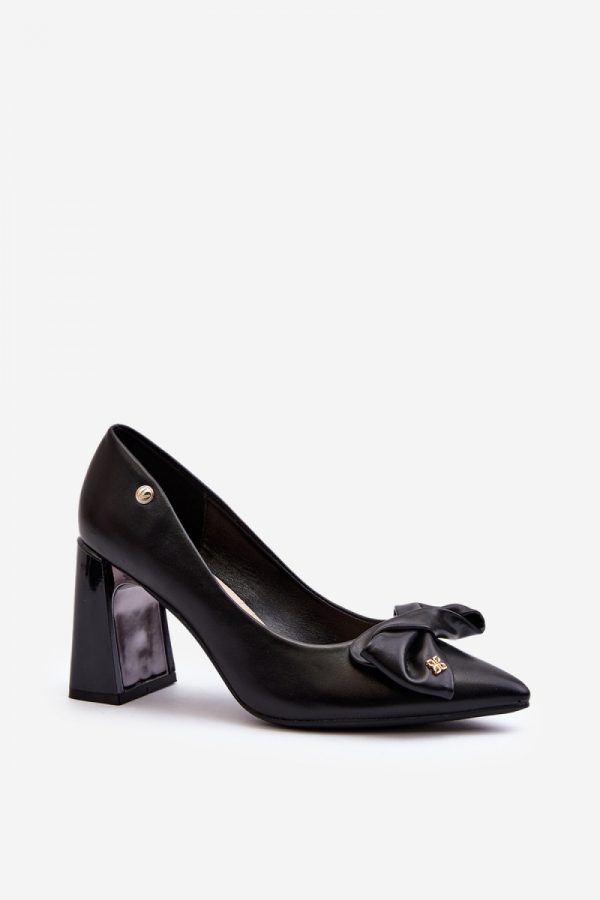 Black Block Heel Pumps in High Heel Pumps with Fabric, Footbed, Upper Height and Heel Height