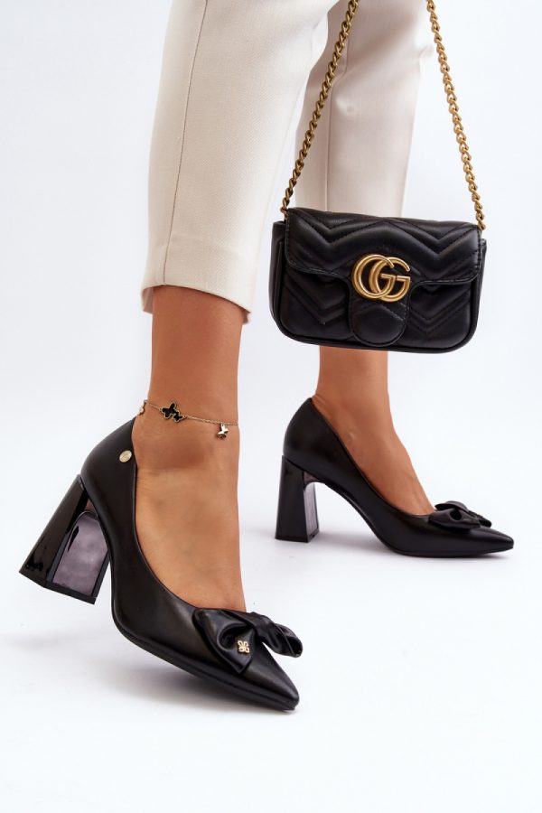 Black Block Heel Pumps in High Heel Pumps with Fabric, Footbed, Upper Height and Heel Height