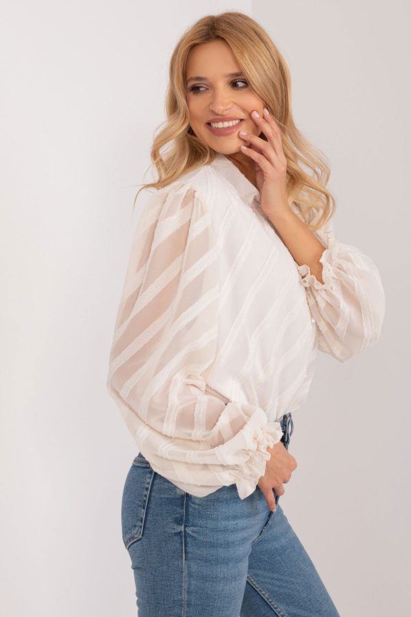 Beige Long Sleeve Shirt in Shirts For Women with Cotton, Spandex and Polyester