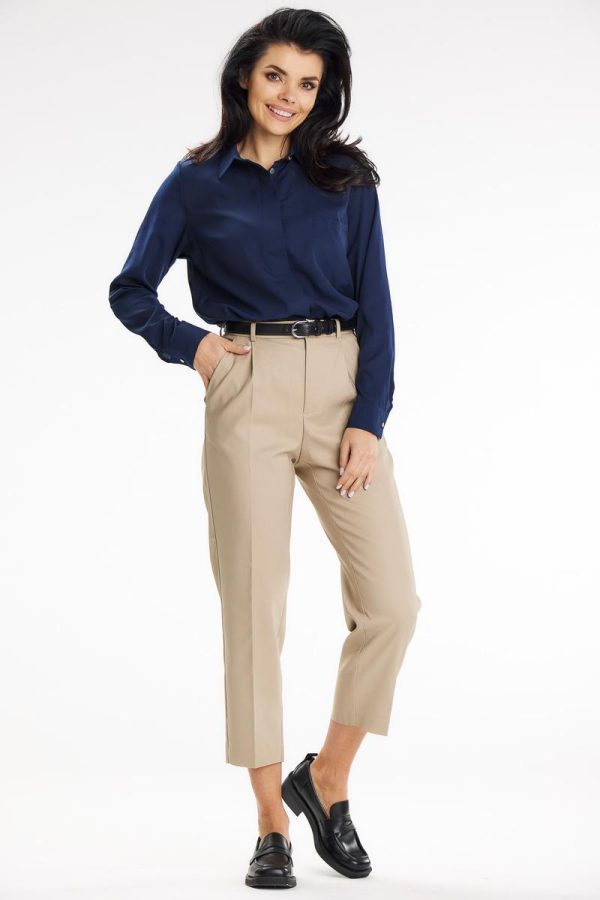 Navy Blue Long Sleeve Shirt in Shirts For Women with Spandex and Polyester