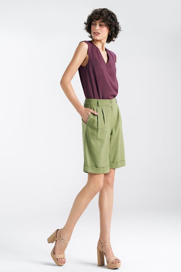 Green Shorts in Shorts For Women, Crop Pants with Cotton, Len and Viscose