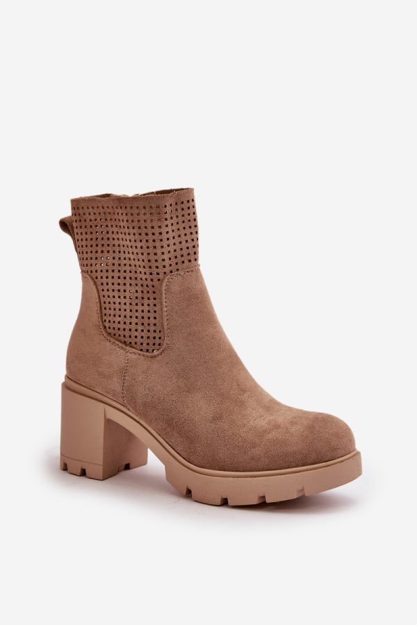 Beige Heel Boots in Women`s Ankle Boots & Booties with Fabric, Footbed, Upper Height and Heel Height