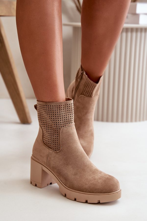 Beige Heel Boots in Women`s Ankle Boots & Booties with Fabric, Footbed, Upper Height and Heel Height