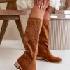 Brown Open-work Boots in Over The Knee High Boots, Thigh High Boots with Fabric, Footbed, Upper Height and Heel Height